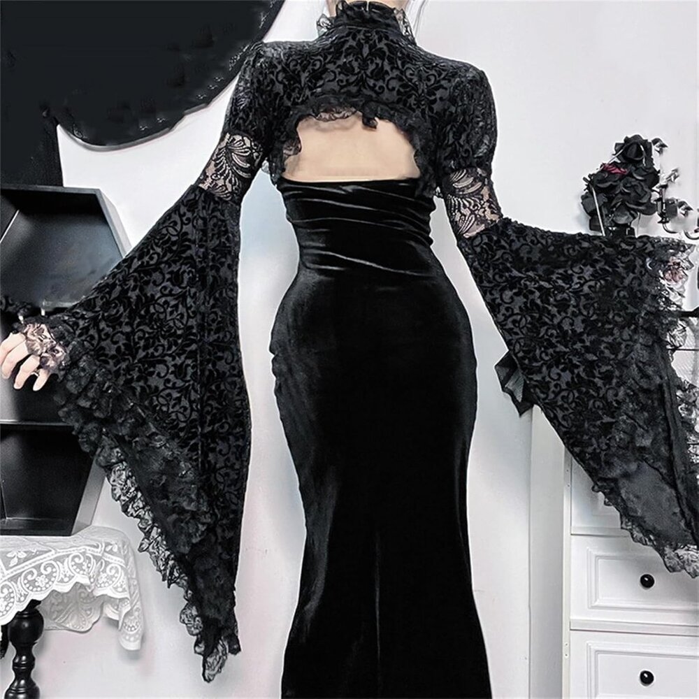 Women's Black 6 Goth Bell Long Sleeve Bolero Shrug Crop Top - Picture 4 of 7